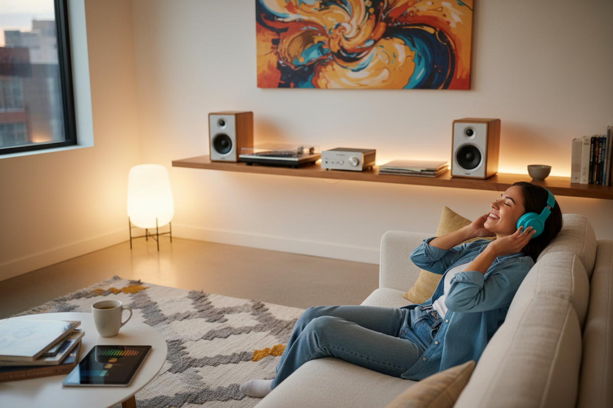 Junge Person genießt Kopfhörer und Lautsprecher